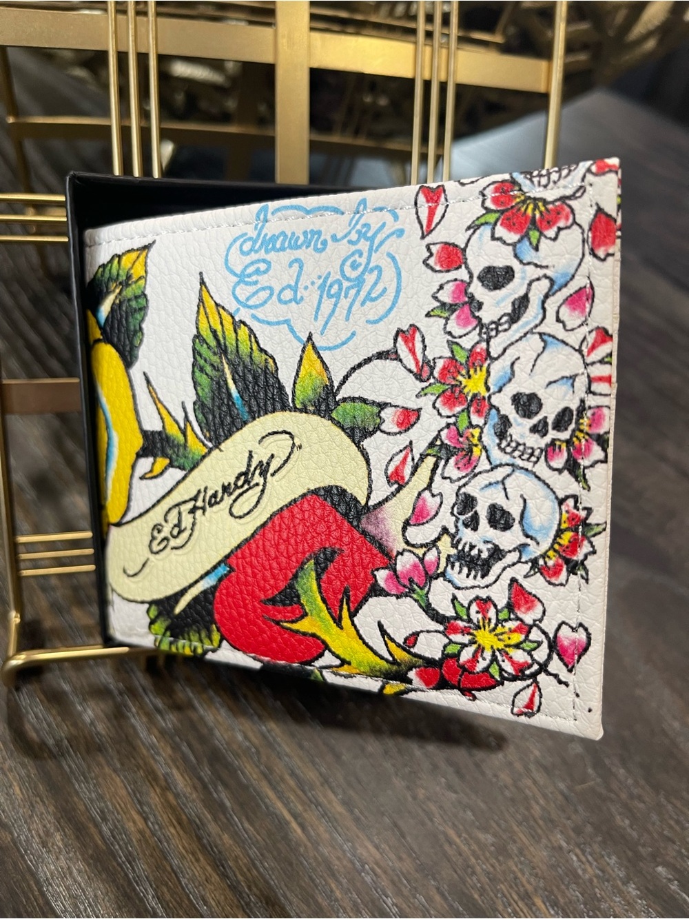 Ed Hardy White Bifold Wallet with Colorful Skull & Floral Tattoo Art